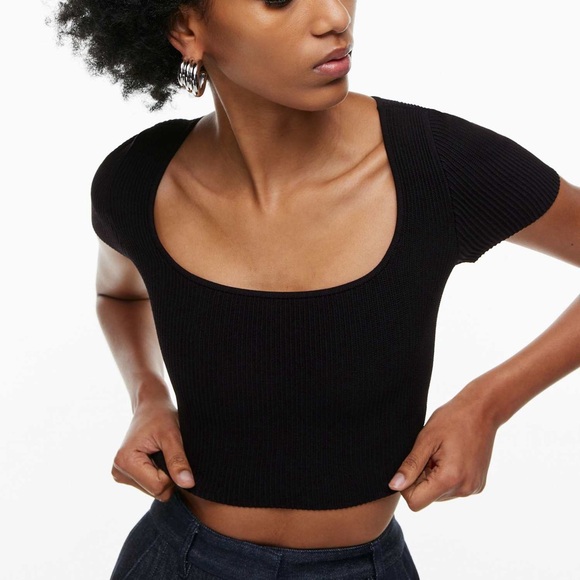 Aritzia Babaton Sculpt Knit Squareneck Top - Black Ribbed Short Sleeve Shirt - Picture 2 of 10